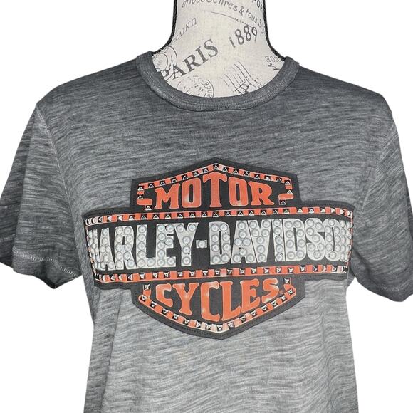 Harley Davidson (M) Raw-Edge Neck Printed Graphic Studded Logo Short Sleeve Tee - Picture 6 of 10